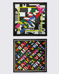 Two colorful patterned bandanas with abstract designs.