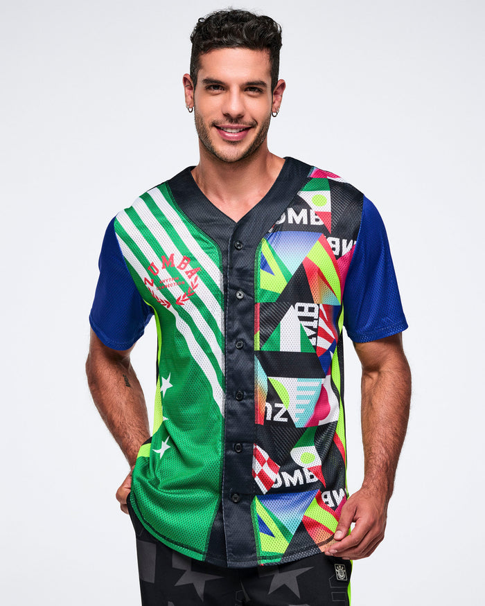 Male model wearing a colorful patterned jersey on a white background.
