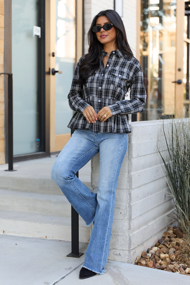 Yara Black Plaid Peplum Top FINAL SALE