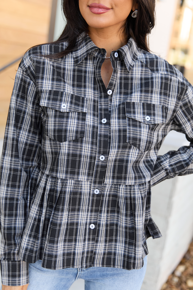 Yara Black Plaid Peplum Top FINAL SALE