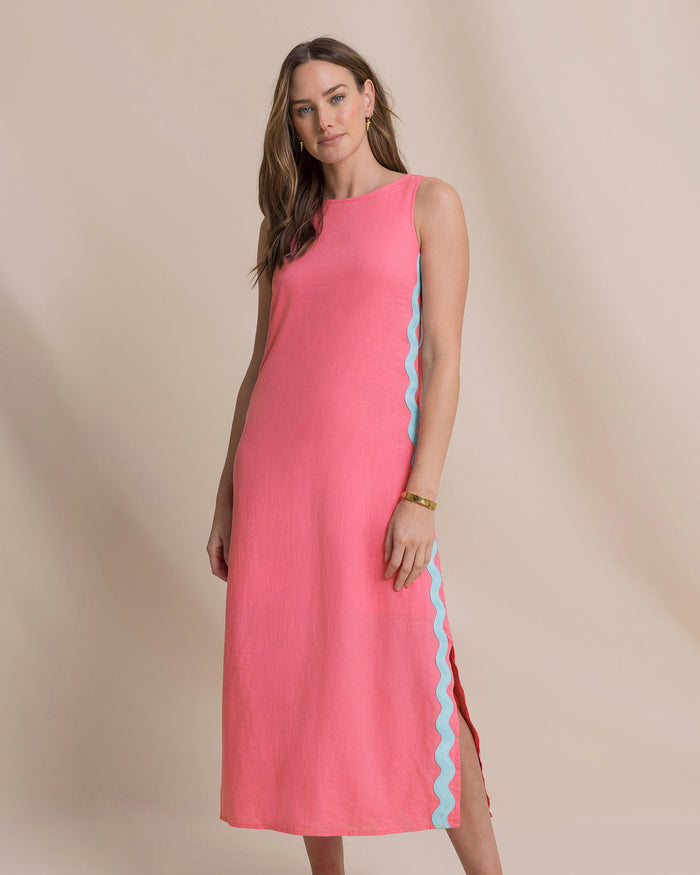 The front view of the Southern Tide Zalia Side Stripe Maxi Dress by Southern Tide - Island Pink