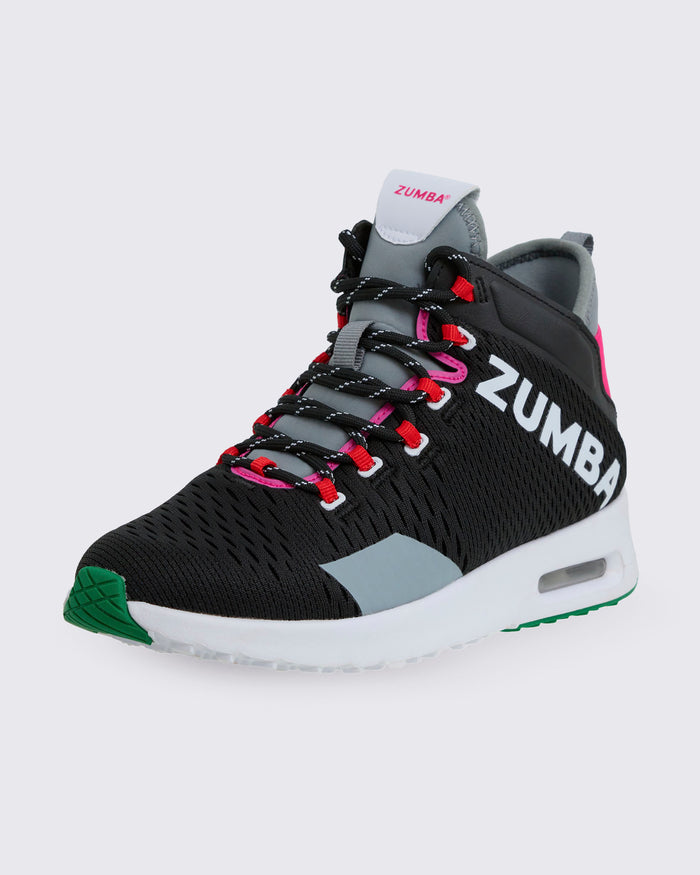 Black Zumba sneaker with gray and green accents on a white background.