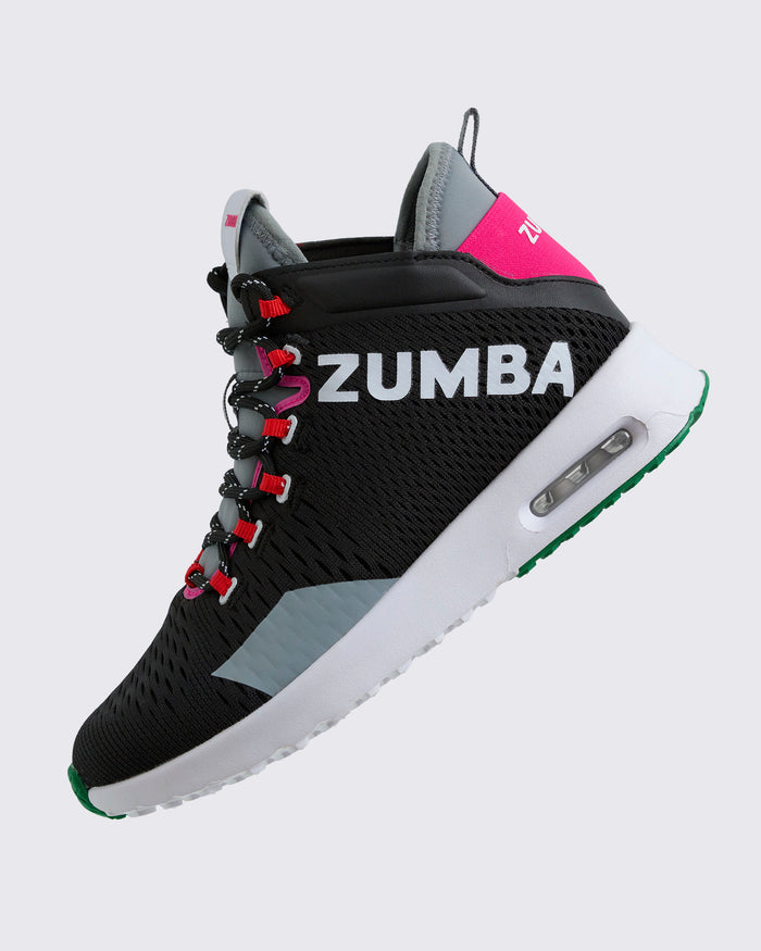 Side angled view of the black Zumba sneaker with gray, and pink accents visible on a white background.