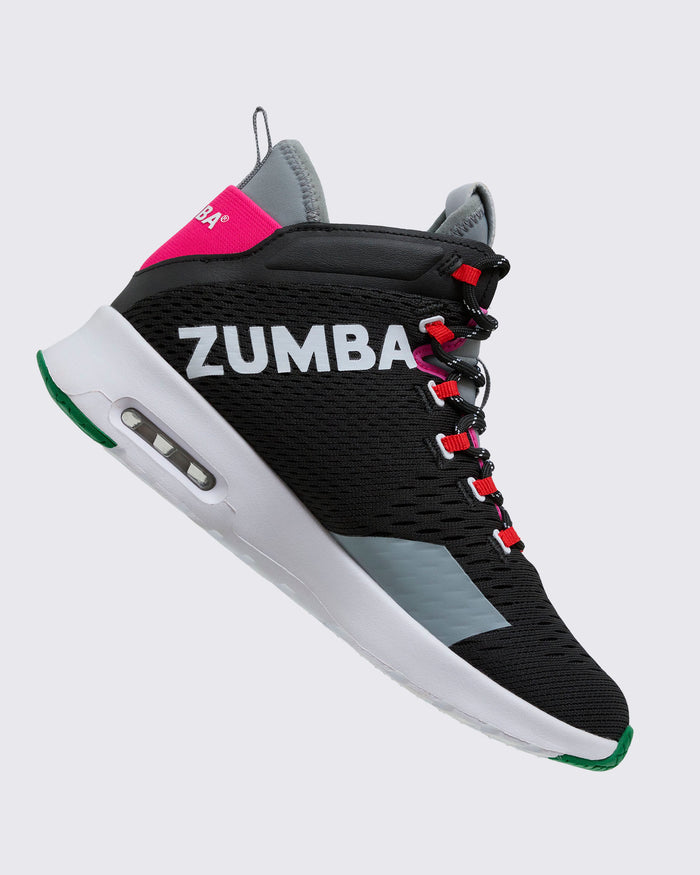 Zumba sneaker view from the side, with black, gray, and white design on a light background.