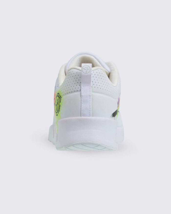 Back view of white Zumba sneaker showing white fabric heel loop against a white background.