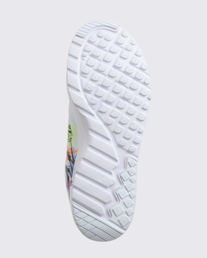Close-up of a white Zumba sneaker sole with brand logo on a whitebackground.