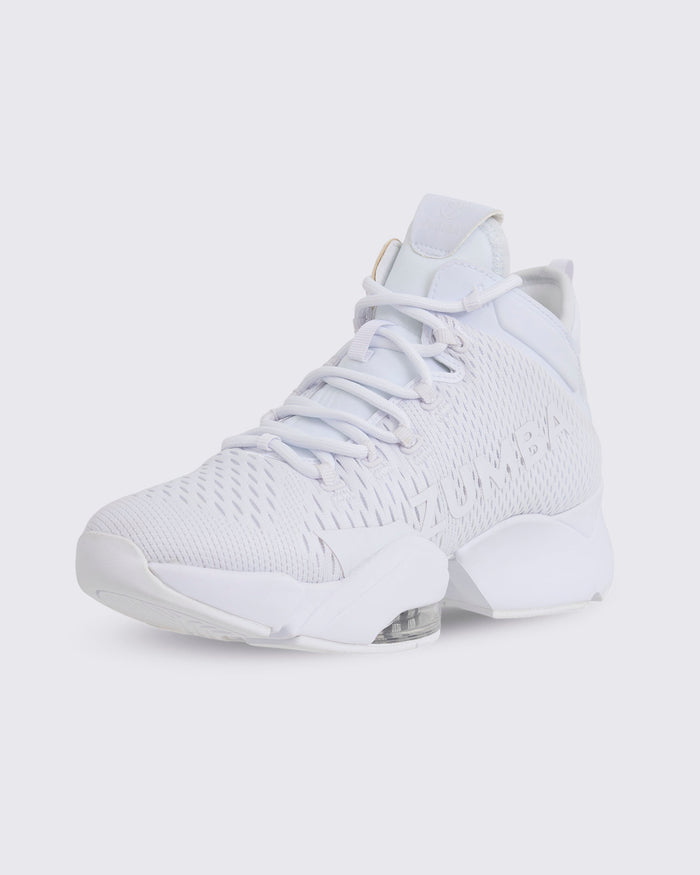 White Zumba high-top athletic sneaker in a front side view, with a breathable mesh upper, lace-up closure, oversized Zumba logo, and thick sole with a visible air cushion.
