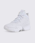 White Zumba high-top athletic sneaker in a front side view, with a breathable mesh upper, lace-up closure, oversized Zumba logo, and thick sole with a visible air cushion.