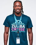 Male model wearing a blue t-shirt with a Zumba Cruise lanyard against a white background.