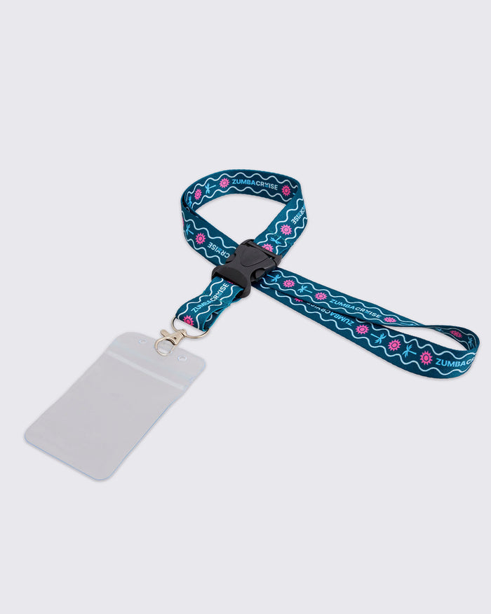 Full view of the lanyard with a blue patterned sea inspired design and a clear ID card holder on a white background.