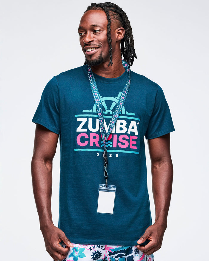 Male model wearing a blue t-shirt with a lanyard against a white background.