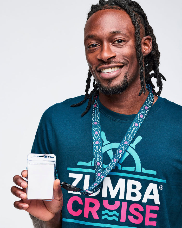 Male model wearing a blue shirt holding a lanyard with a clear holder.