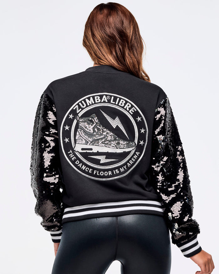 Bold Black # Zumba Libre Bomber Jacket With Sequin Sleeves