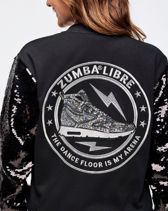 Bold Black # Zumba Libre Bomber Jacket With Sequin Sleeves