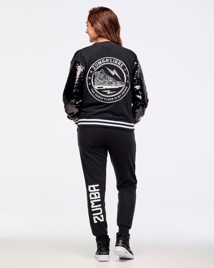 Bold Black # Zumba Libre Bomber Jacket With Sequin Sleeves