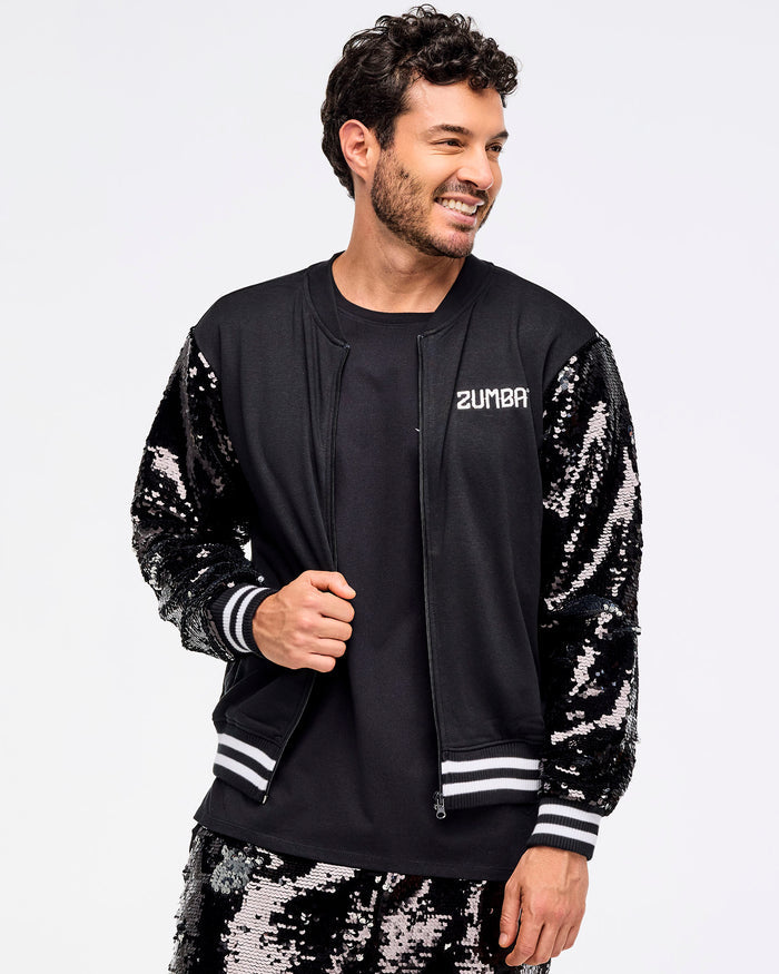 Bold Black # Zumba Libre Bomber Jacket With Sequin Sleeves