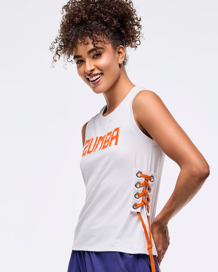 Wear It Out White # Zumba Libre Tank With Lace Up Detail