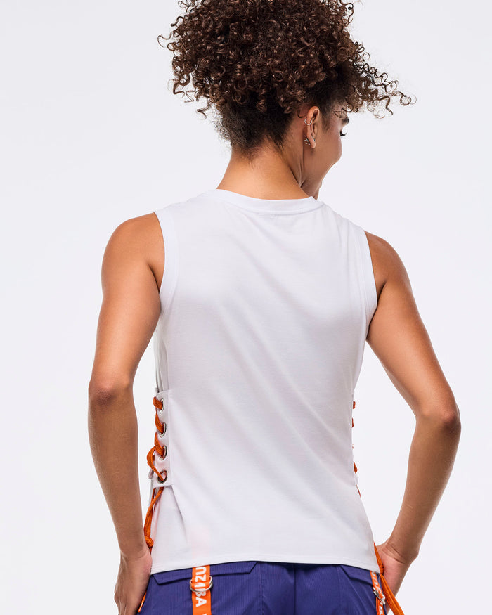 Wear It Out White # Zumba Libre Tank With Lace Up Detail