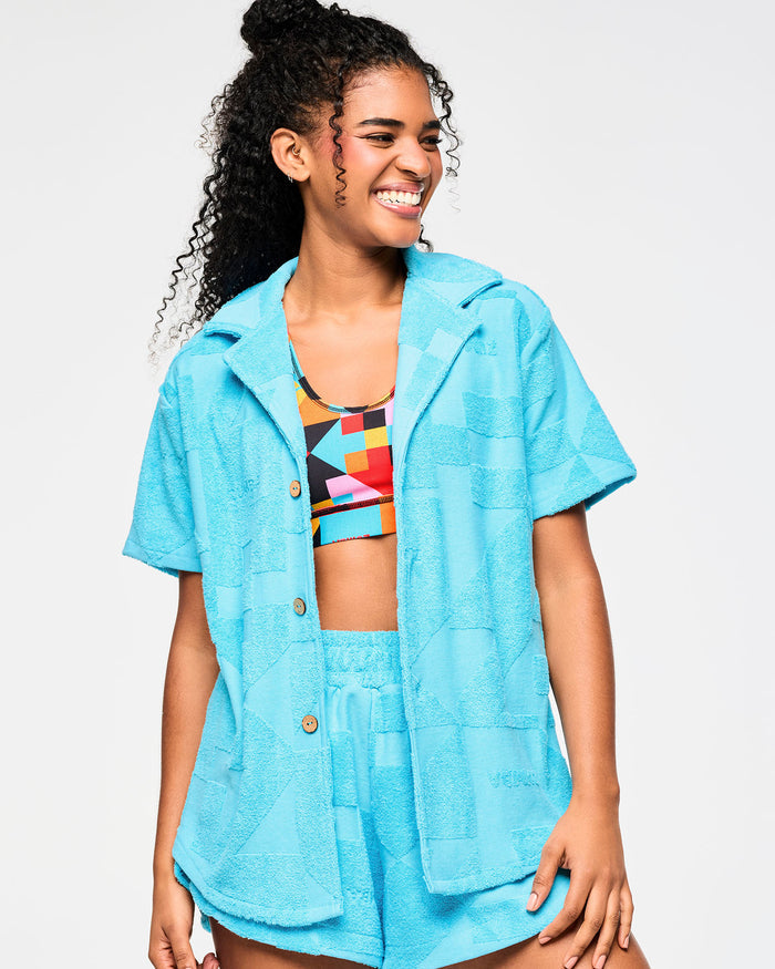 All Out Aqua # Zumba Rays Terry Button Down