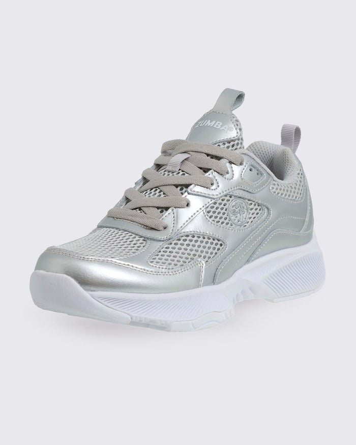 Silver Zumba athletic shoe on a white background.